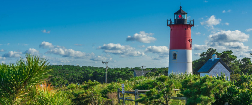 View of Nauset Lighthouse in the bushes at Cape Cod