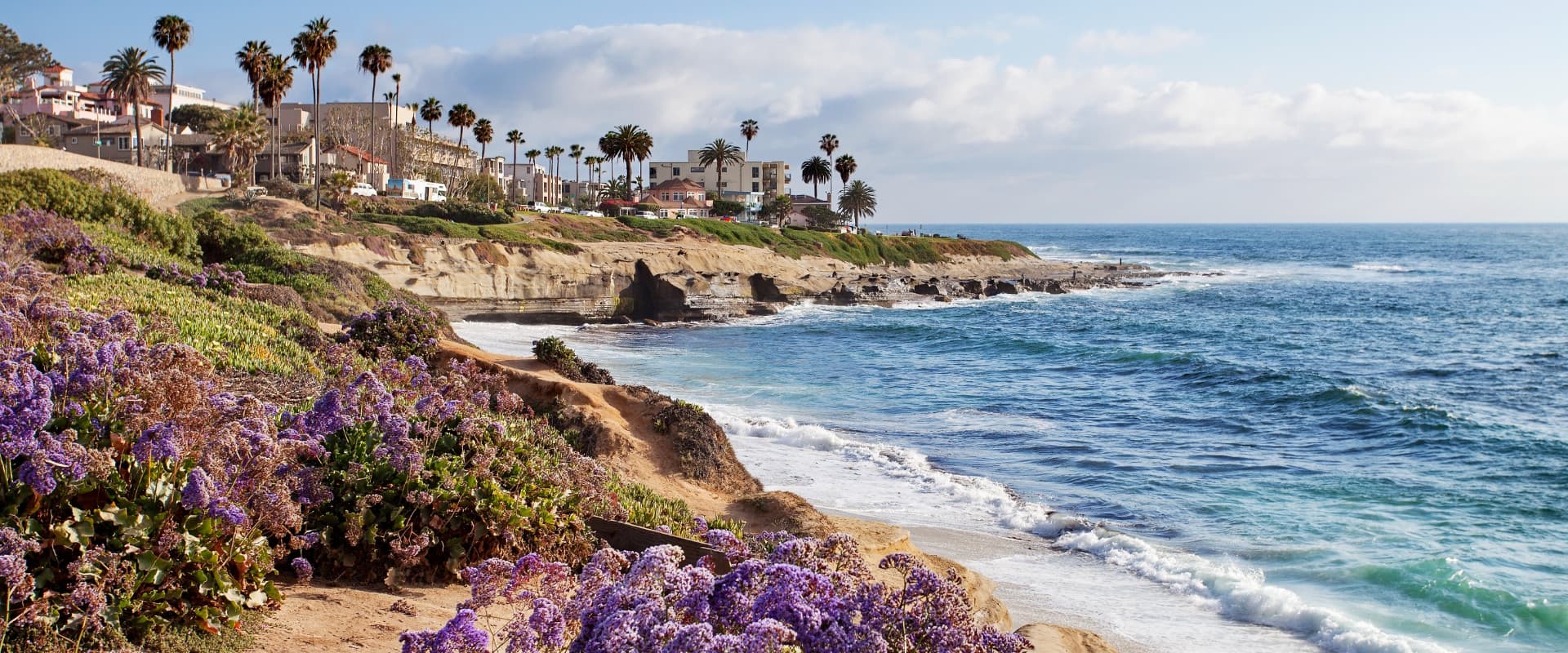 A beach with a wave crashing on the shore and palm trees along the coast.
