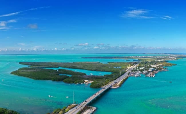 An aerial view of the Overseas Highway in the Florida Keys.