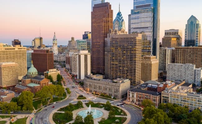 Aerial photo of Philadelphia city center at sunset.