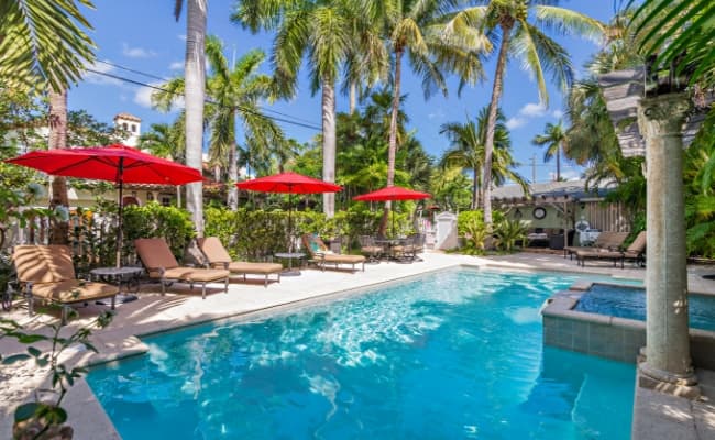 a pool area with lounge chairs and palm trees