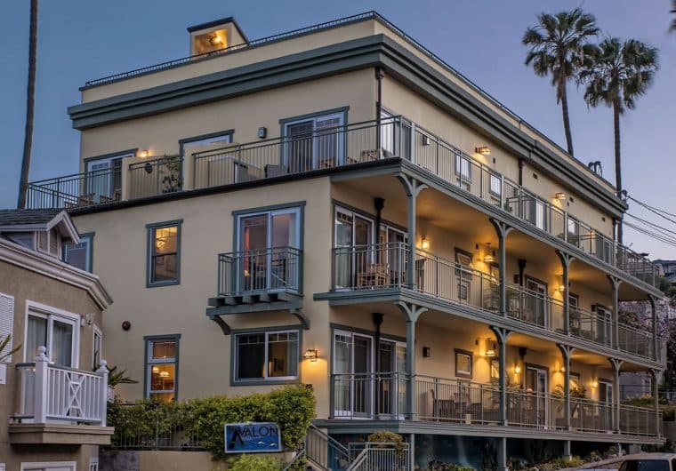 Avalon Hotel exterior at night