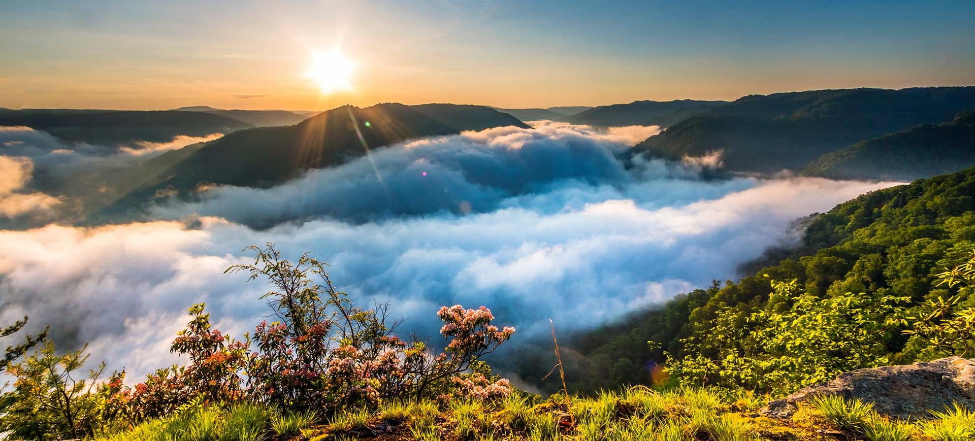 Sunrise at New River Gorge National Park over the mountain peaks