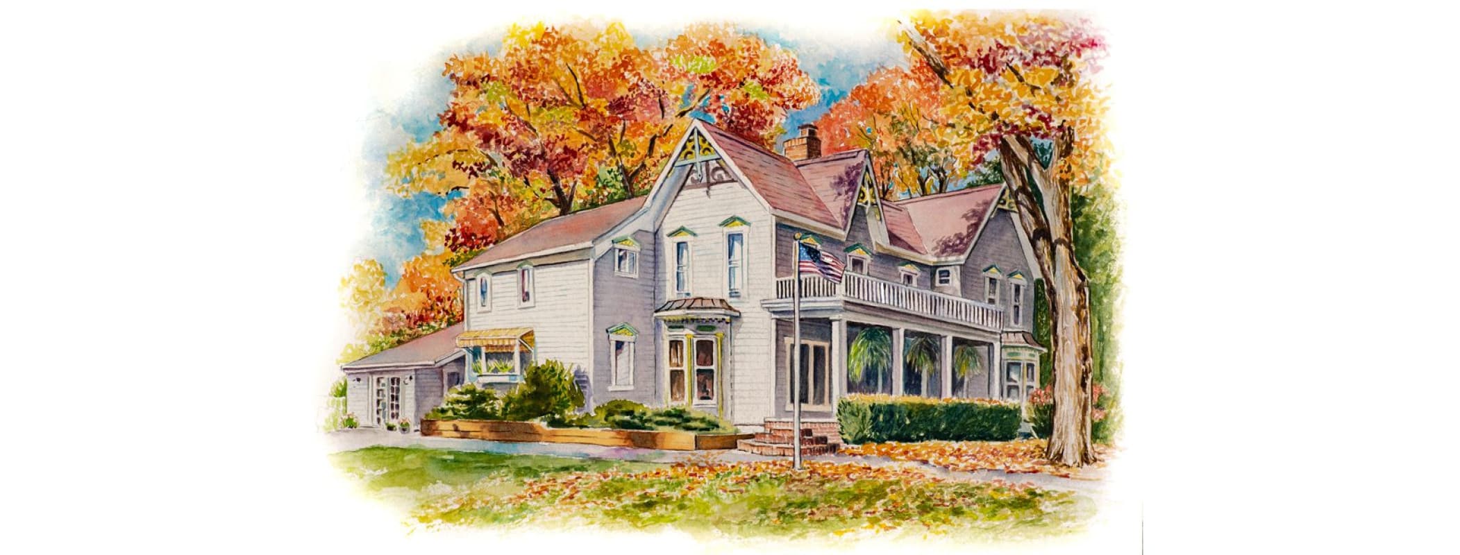 Image of watercolor exterior of white building with fall trees surrounding