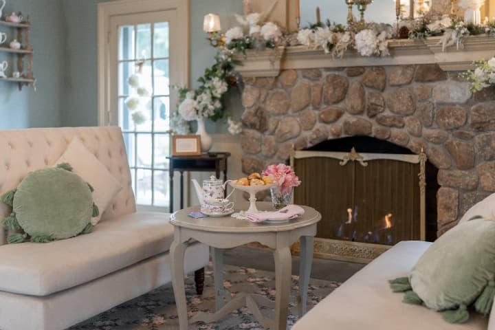 fireplace and couches