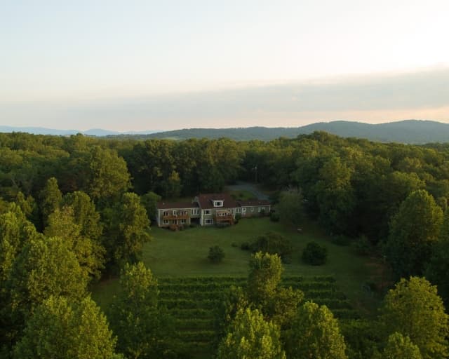 Ariel view of Arcady Vineyard with mountains in the background