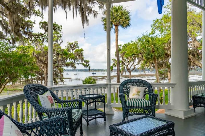 Waterfront views of the Beaufort River from the front porch at Cuthbert House