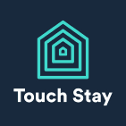 Logo of a concentric layers of the outline of a house, in teal, against a dark blue background, and the company name, "Touch Stay," in white font at the bottom.