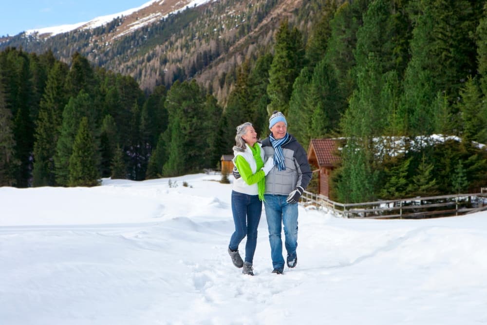 A senior couple enjoying romantic cabin getaways