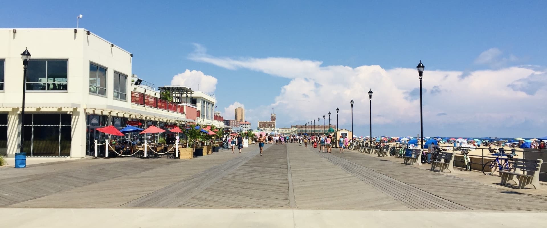 Boardwalk and restaurants along the beach in Asbury Park, NJ
