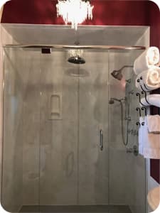 The exterior of a glass-enclosed shower stall