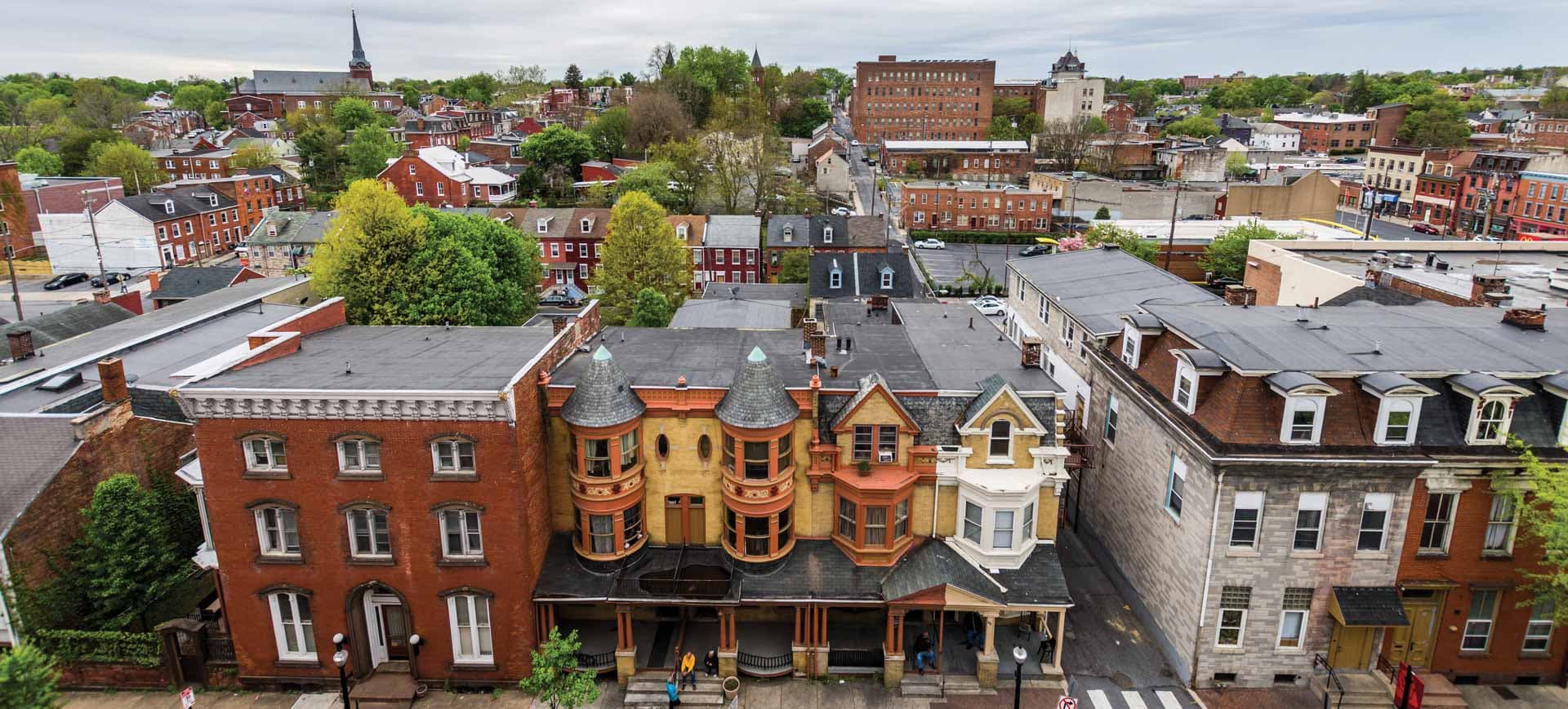 Aerial view of charming historic buildings in downtown Lancaster, Pennsylvania