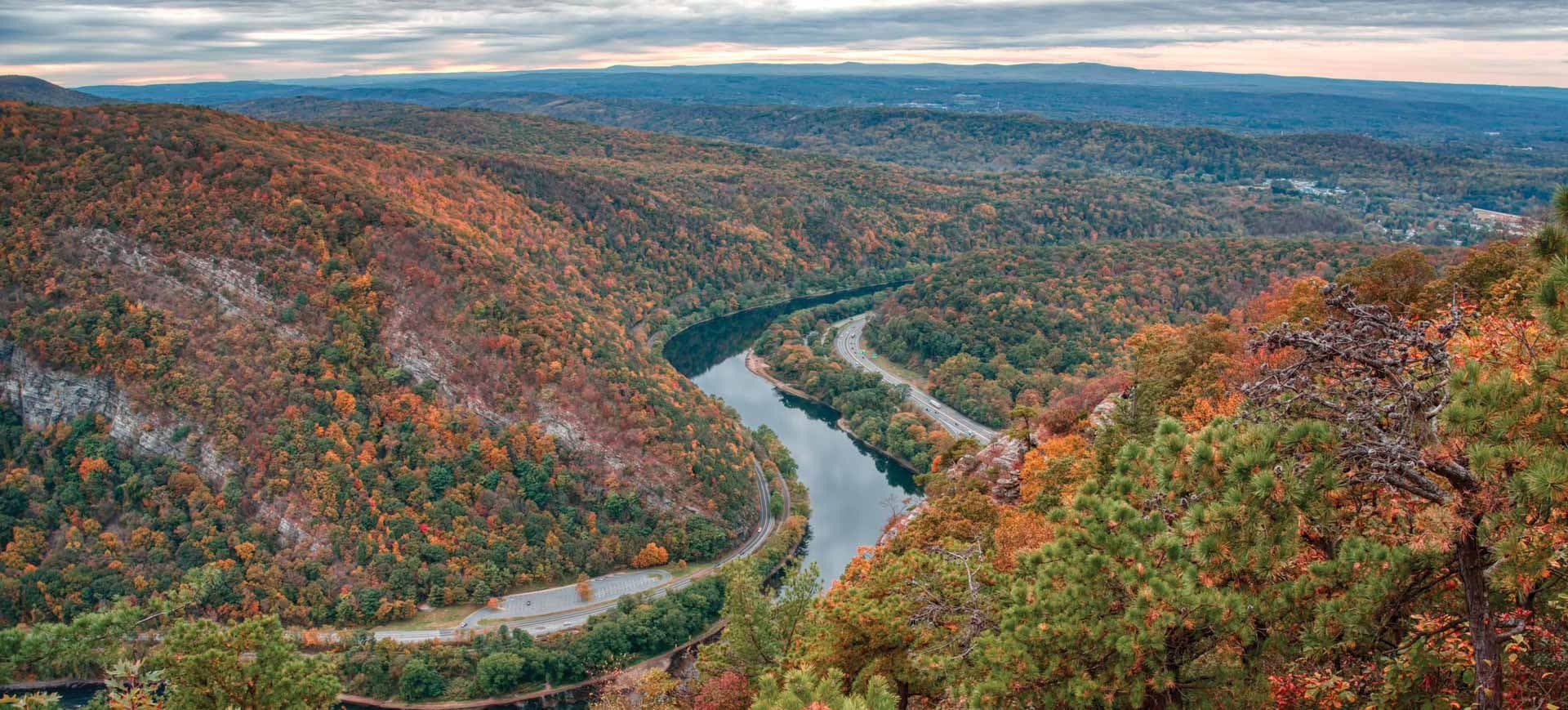 Aerial view of the Delaware River in the Pocono Mountains during fall