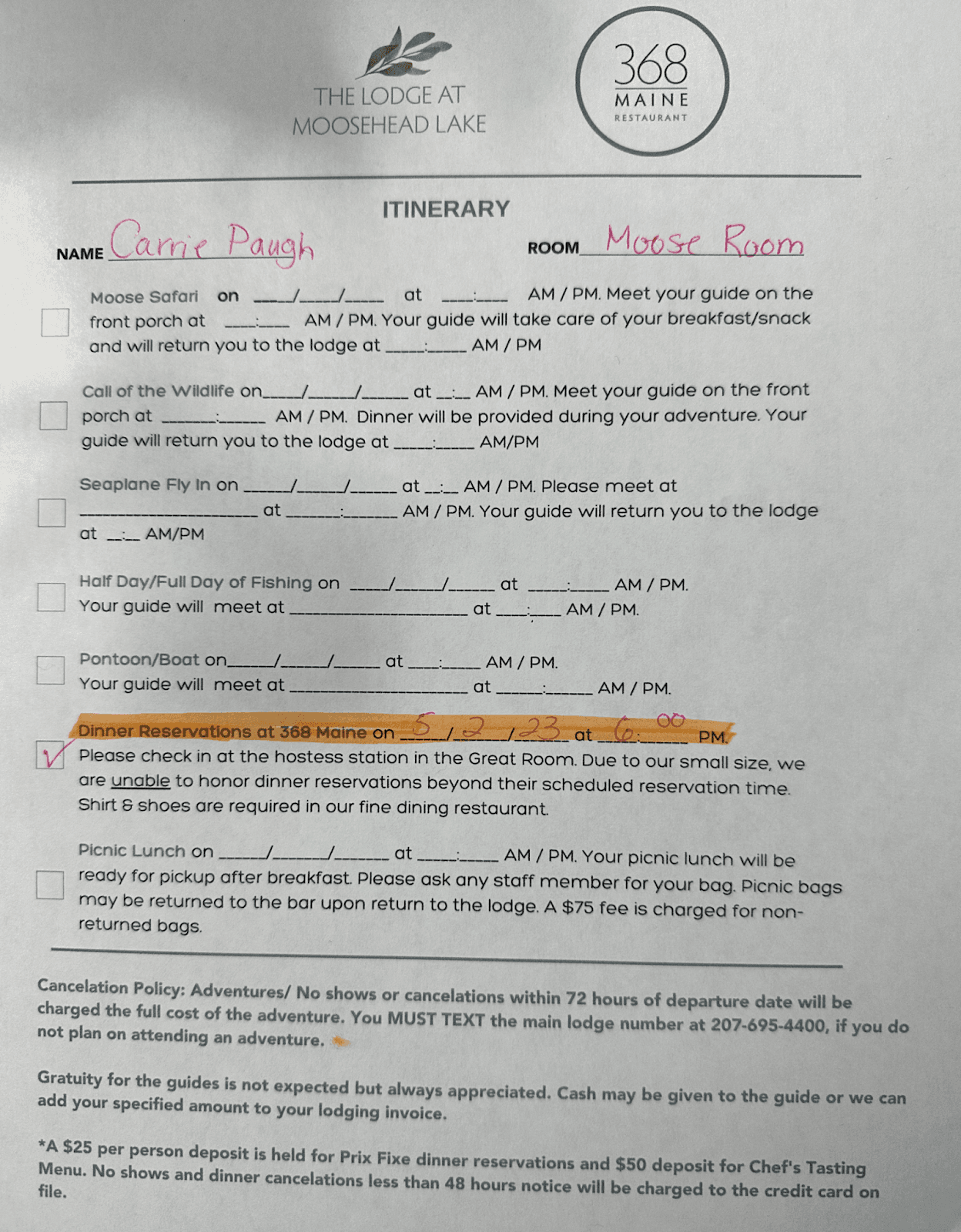 Guest communications from The Lodge at Moosehead Lake