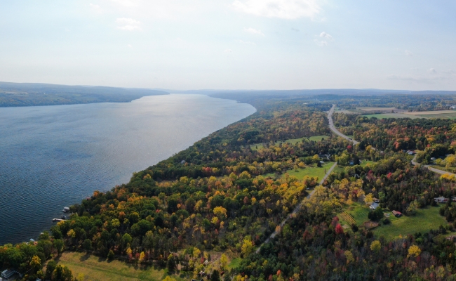 An aerial view of the Finger Lakes during fall.