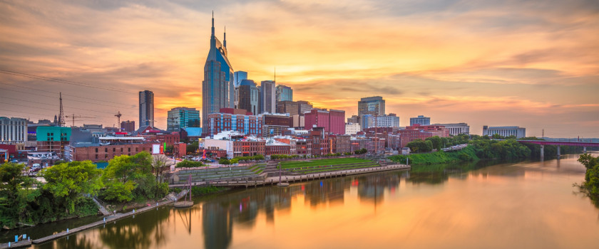 City view from the river of Nashville at sunset