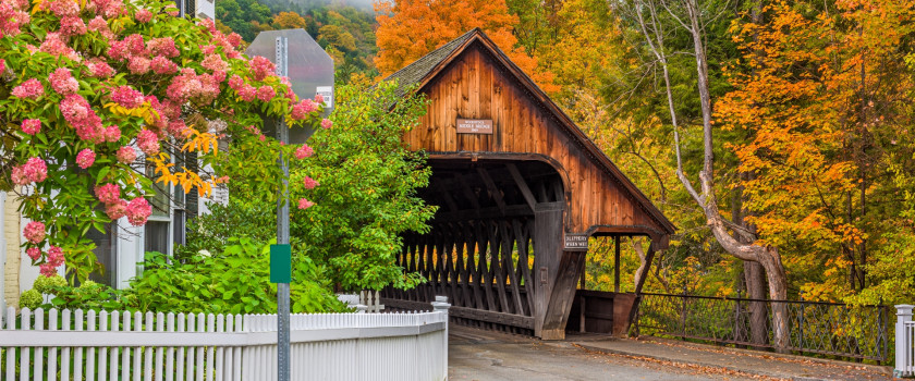 Middle Covered Bridge in Woodstock, Vermont during fall.