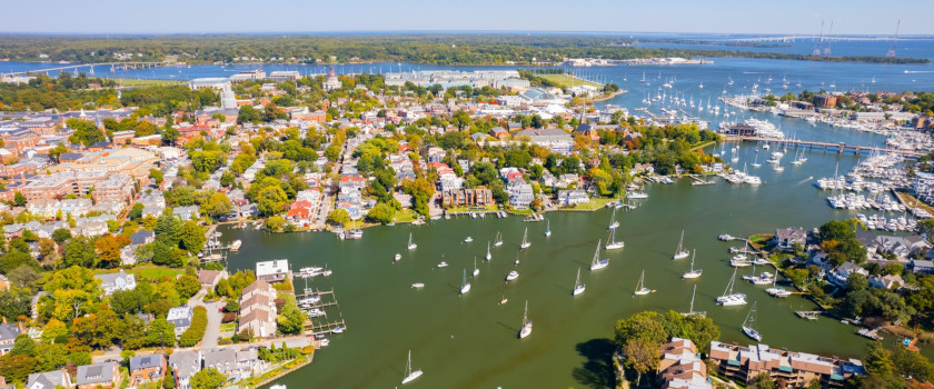 An aerial view of the Maryland harbor with ships