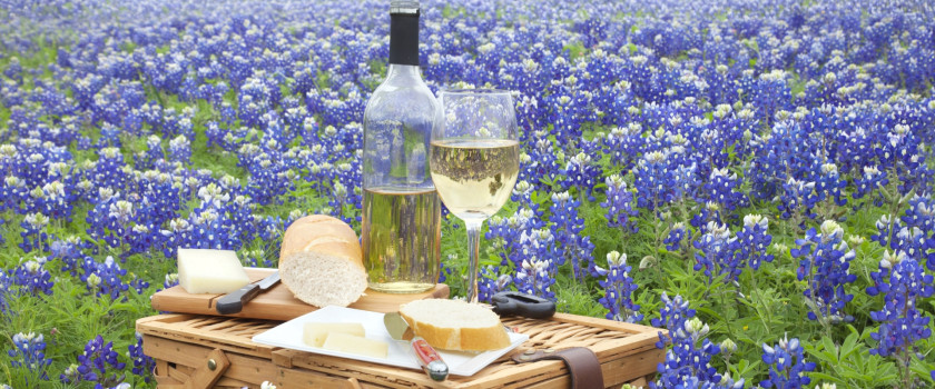 Picnic basket with wine, cheese and bread in a field of purple flowers.