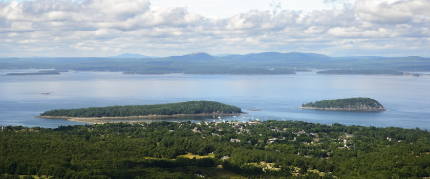 Aerial view of Bar Harbor and Bar Island in Maine.