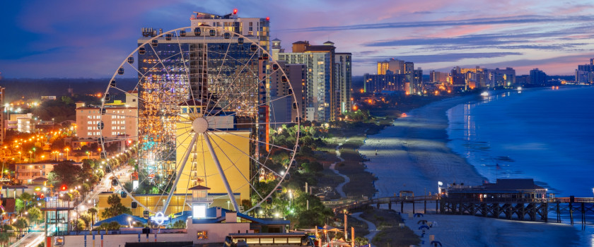 Aerial view of Myrtle Beach, SC skyline at night