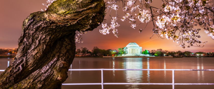 Jefferson Memorial at sunset during spring in Washington D.C.