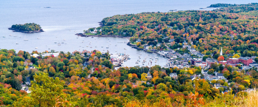 Aerial view of Camden, Maine in the autumn
