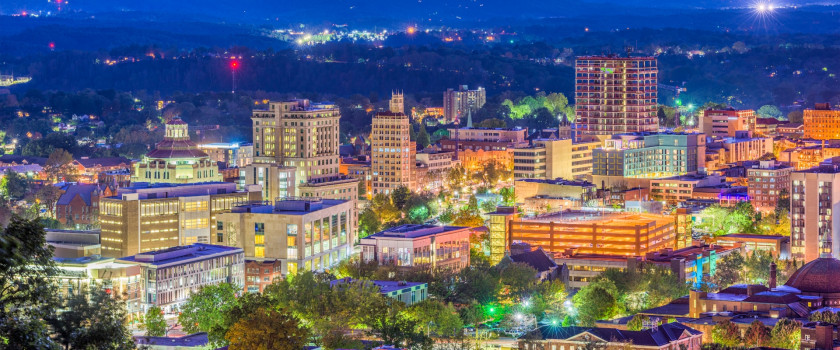 aerial view of Asheville, North Carolina at night