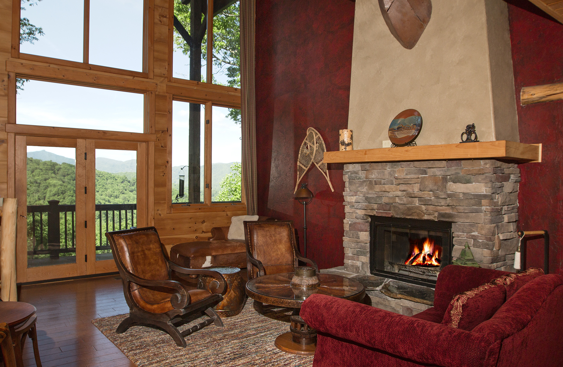 Cozy fire place in the Lazy Bear Lodge in Vilas, North Carolina