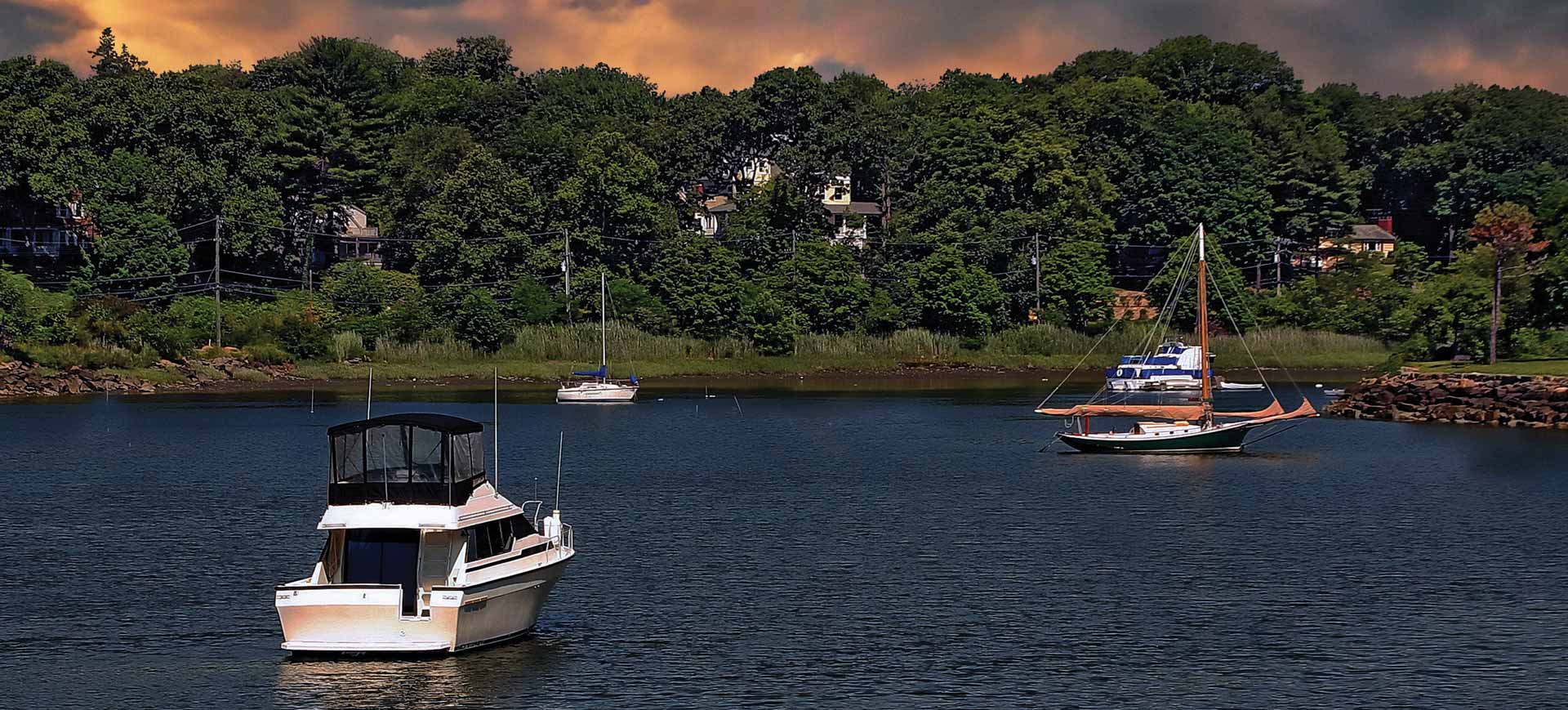 Boats anchored in the harbor near Greenwich, CT