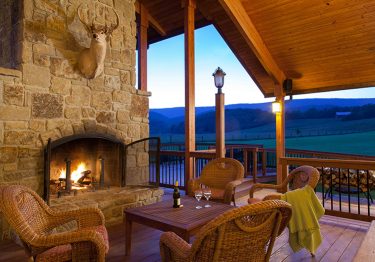 Outdoor fireplace at fort lewis lodge with views of mountains