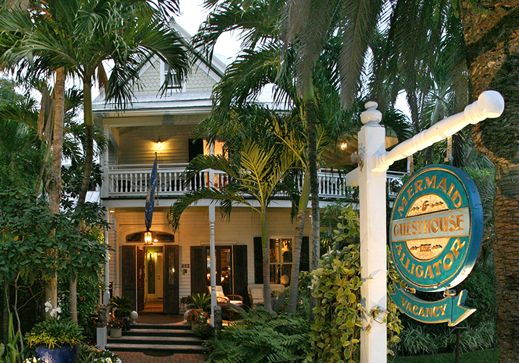 the mermaid and the alligator exterior view of the beautiful key west property tucked away in tall palm trees