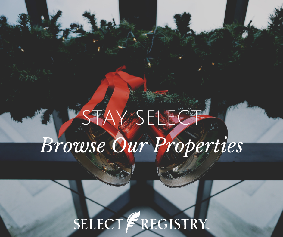 Christmas bells and red ribbon text reads stay select browse our properties.