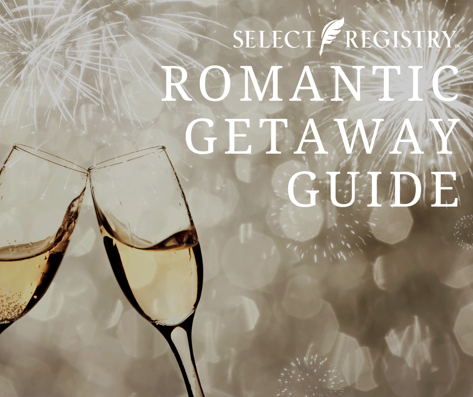 champagne flutes toasting NYE celebration text reads select registry romantic getaway guide