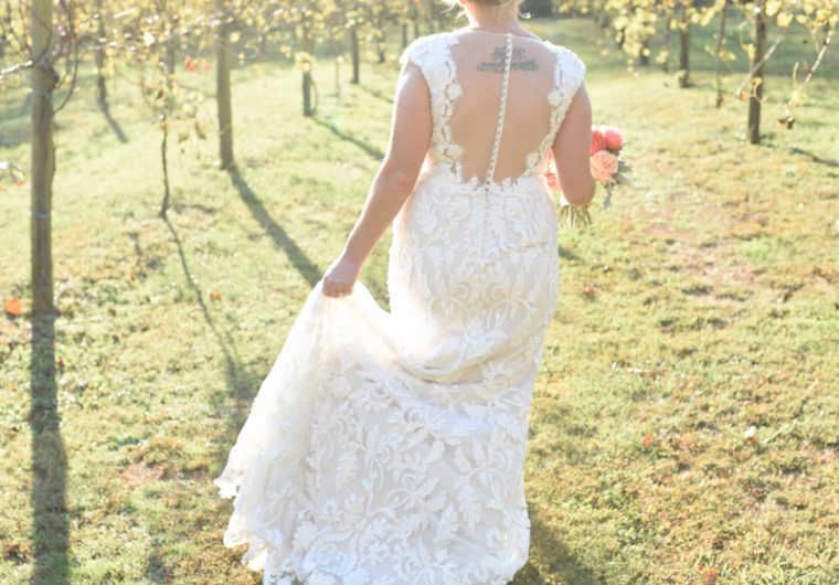 Bride and Groom walking through vineyard of grape vines