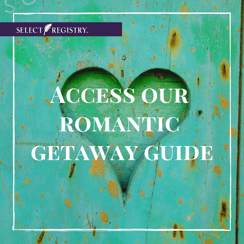 heart cut out of teal-painted metal. text reads, access our romantic getaway guide. 