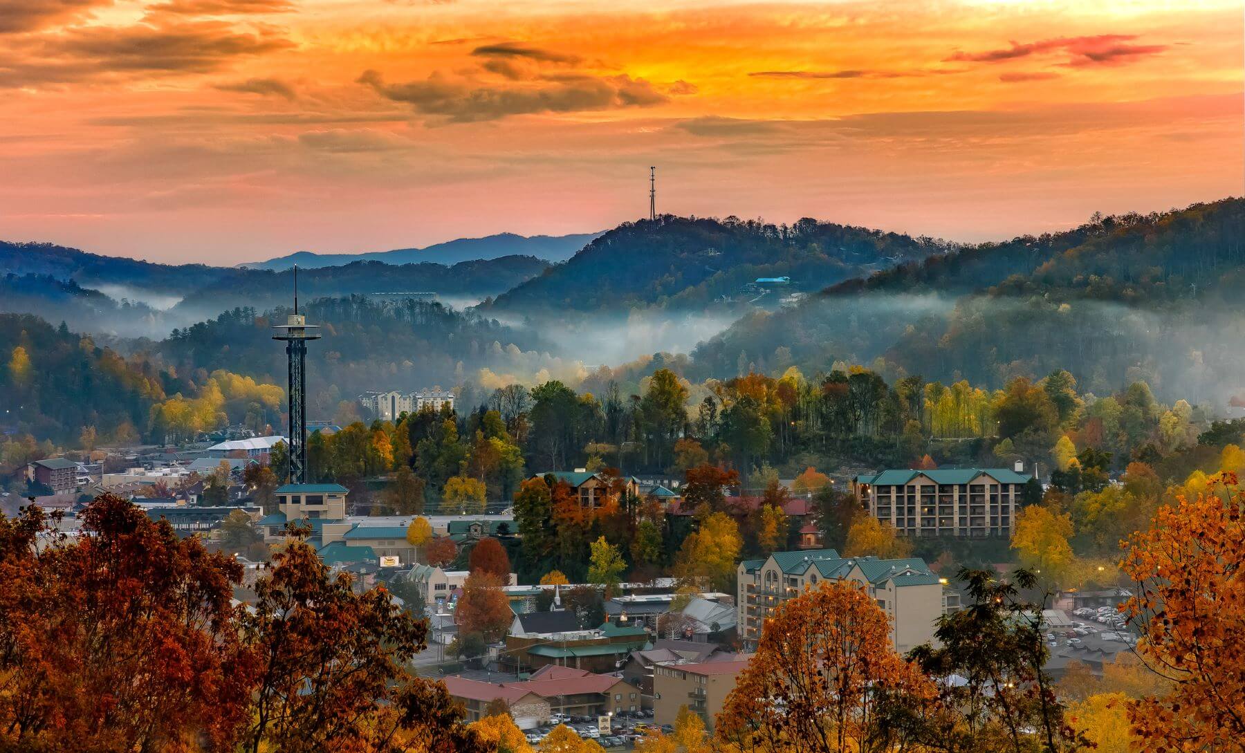 The Gatlinburg skyline at sunrise.