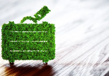 Green travel concept with a green suitcase made of leaves