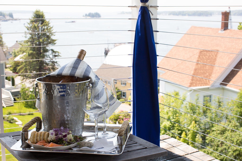 Champagne with harbor views.