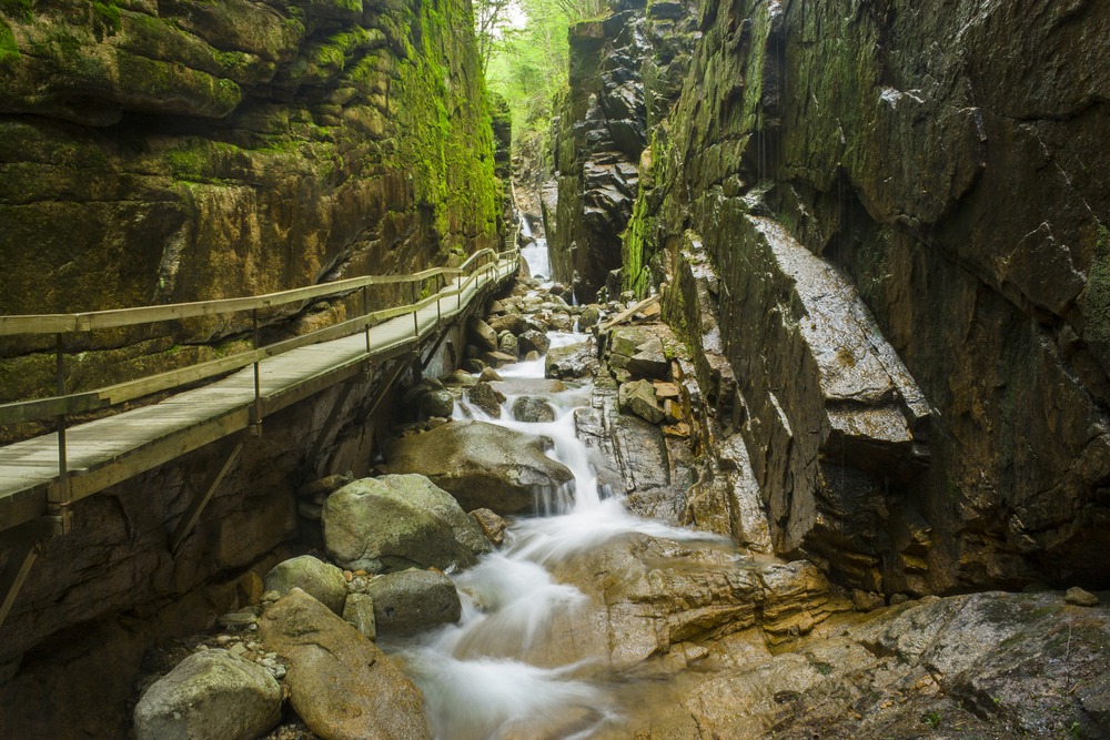The beautiful Flume Gorge in Franconia Notch State Park near the Lakes Region of New Hampshire