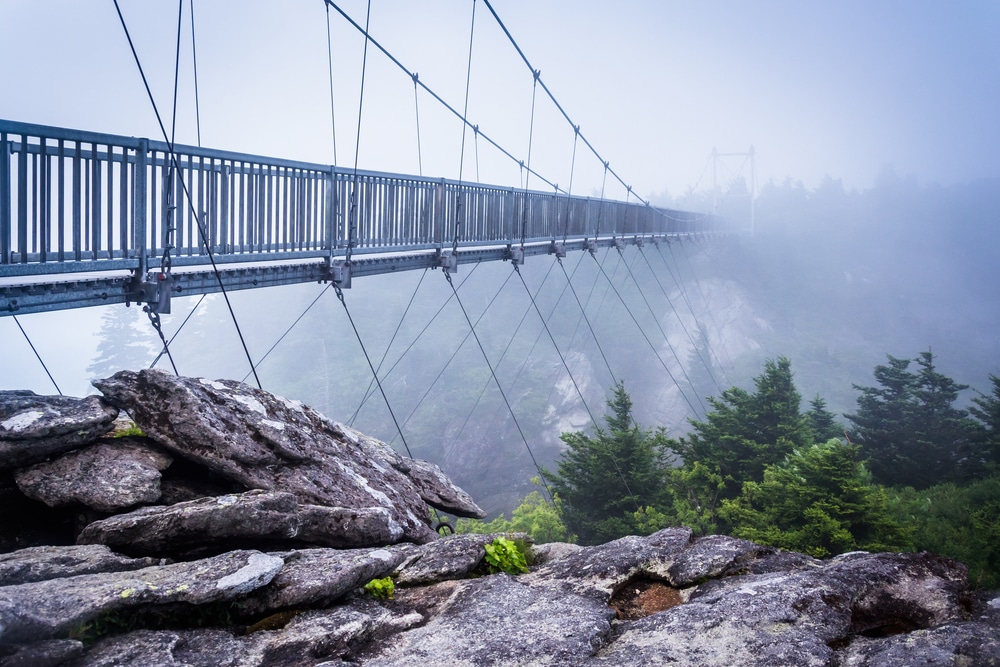 A bridge on a foggy day near The Blowing Rock and the Blue Ridge Parkway