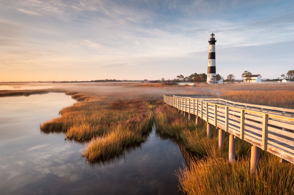 The Cape Hatteras Lighthouse on the Outer Banks, near the best beaches in North Carolina