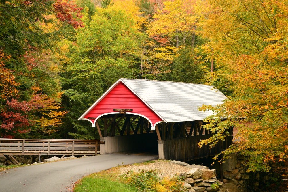 A stunning New Hampshire covered bridge at Franconia Notch State Park in New Hampshire