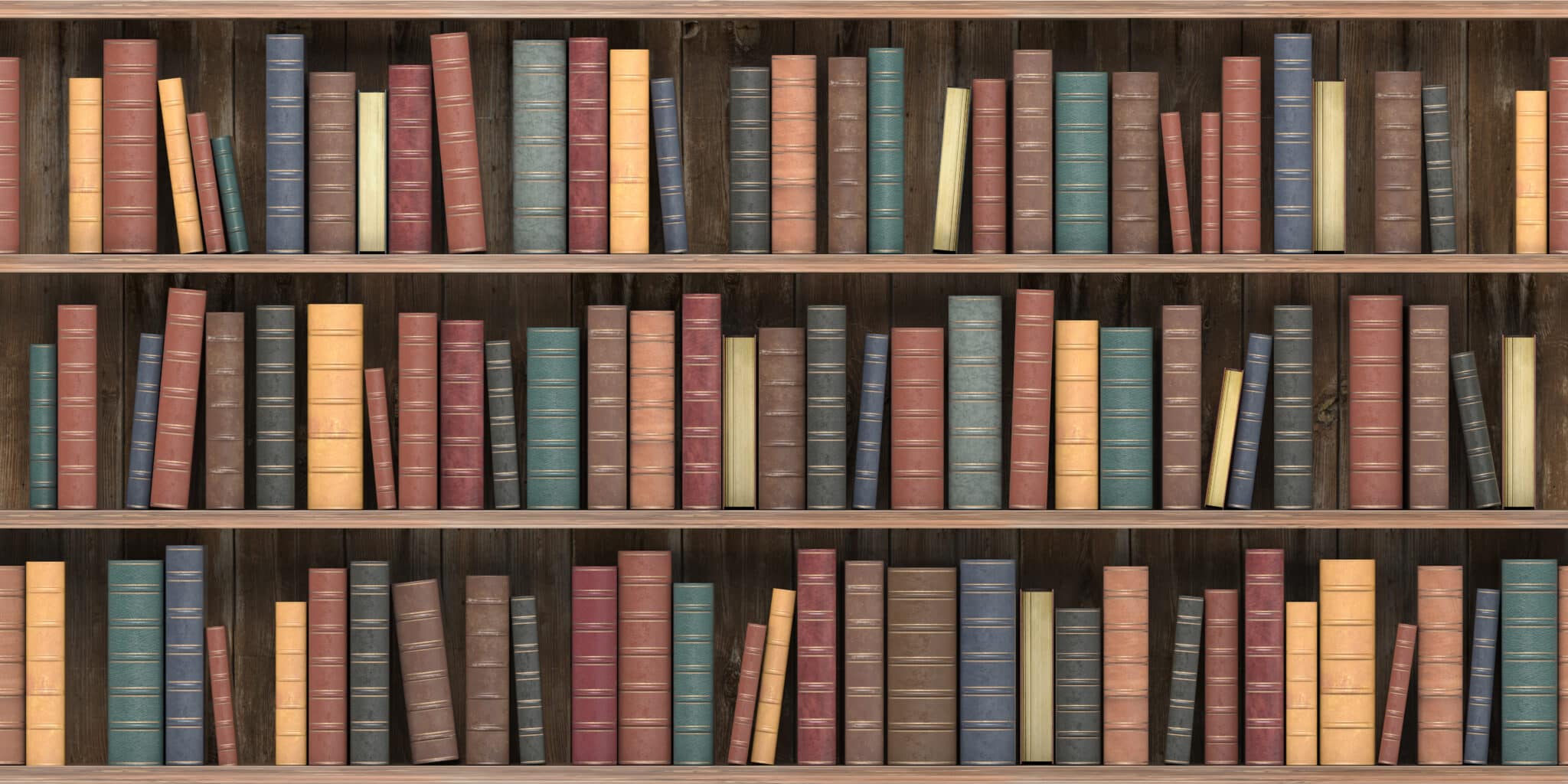 Vintage books on old wooden shelf. Old library or antique booksh